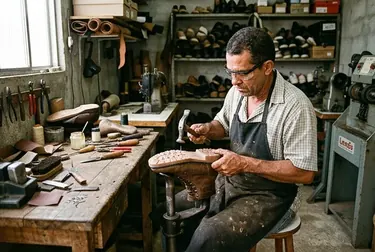 Sapateiro trocando solado de um sapato em Eunápolis.