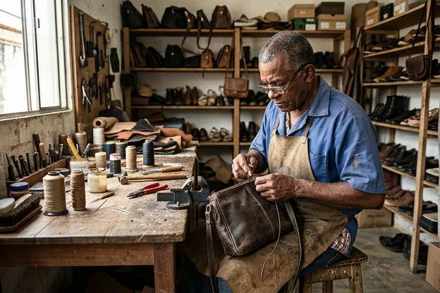 Sapateiro reformando bolsa de couro em Eunápolis.