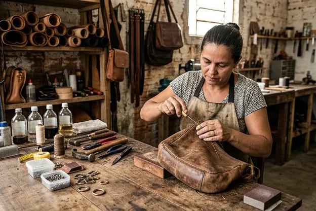 Bolsa de couro sendo reformada em Eunápolis.